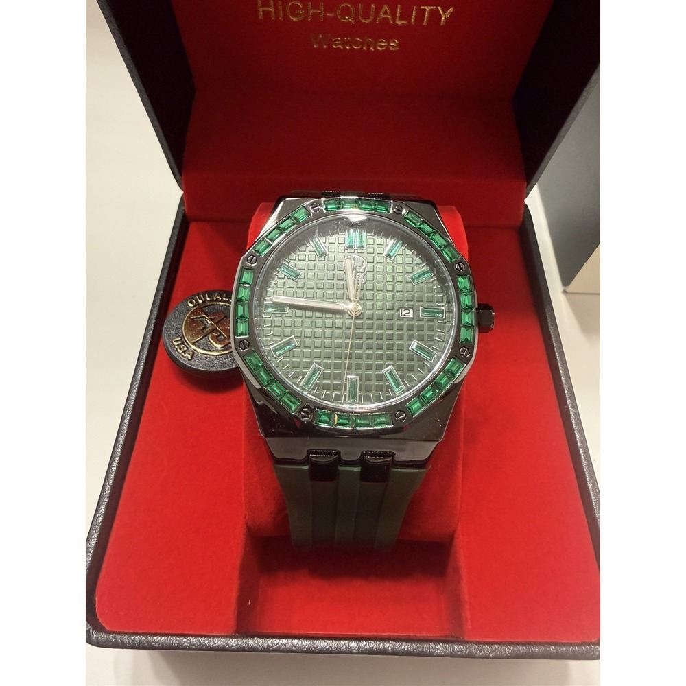 AJ Time Master Men's AP Blk & Green Dial 43mm Green Silicone Band box included